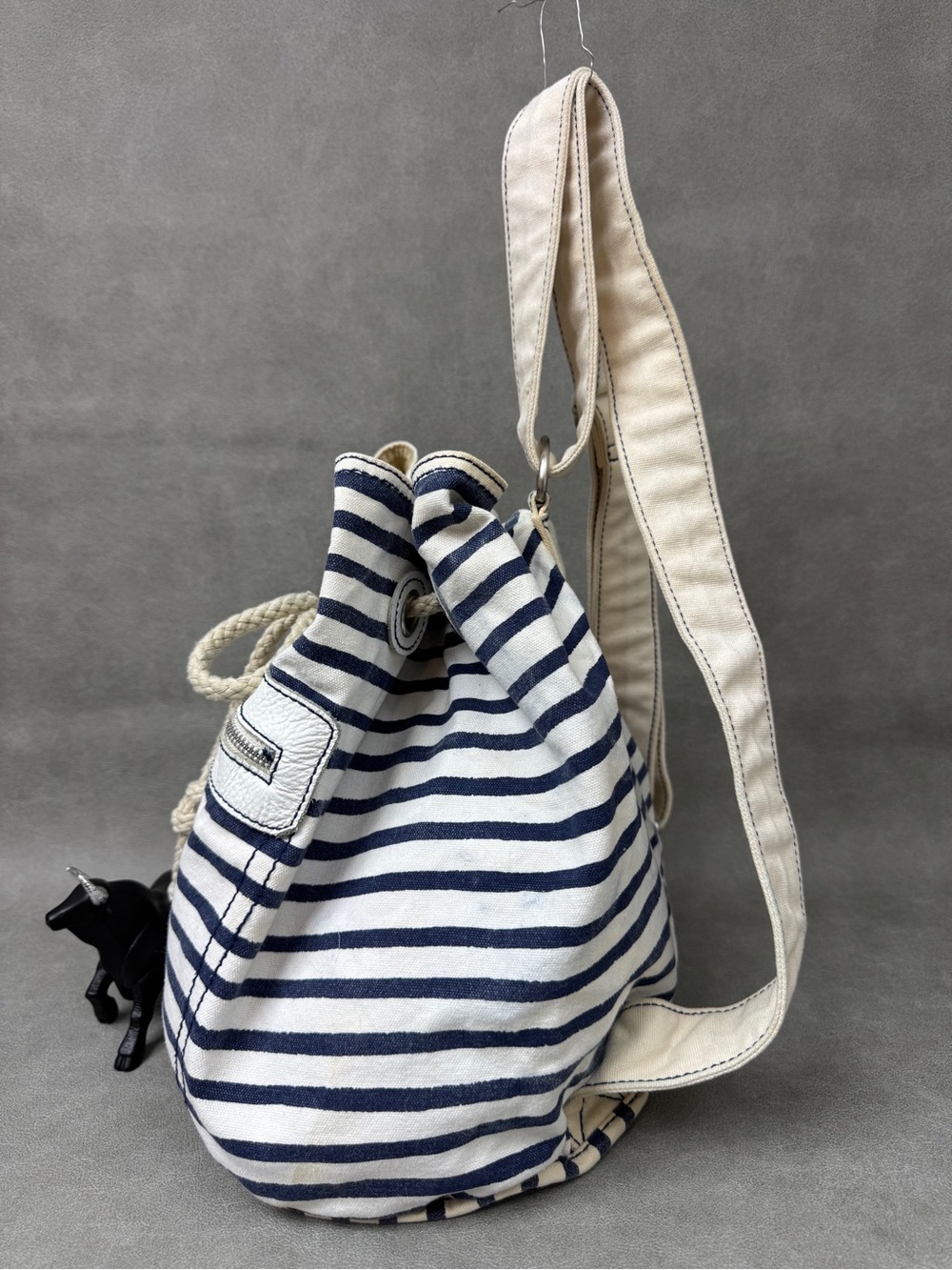 Striped Navy & Cream Rope-Drawstring Canvas Backpack - Picture 2 of 11